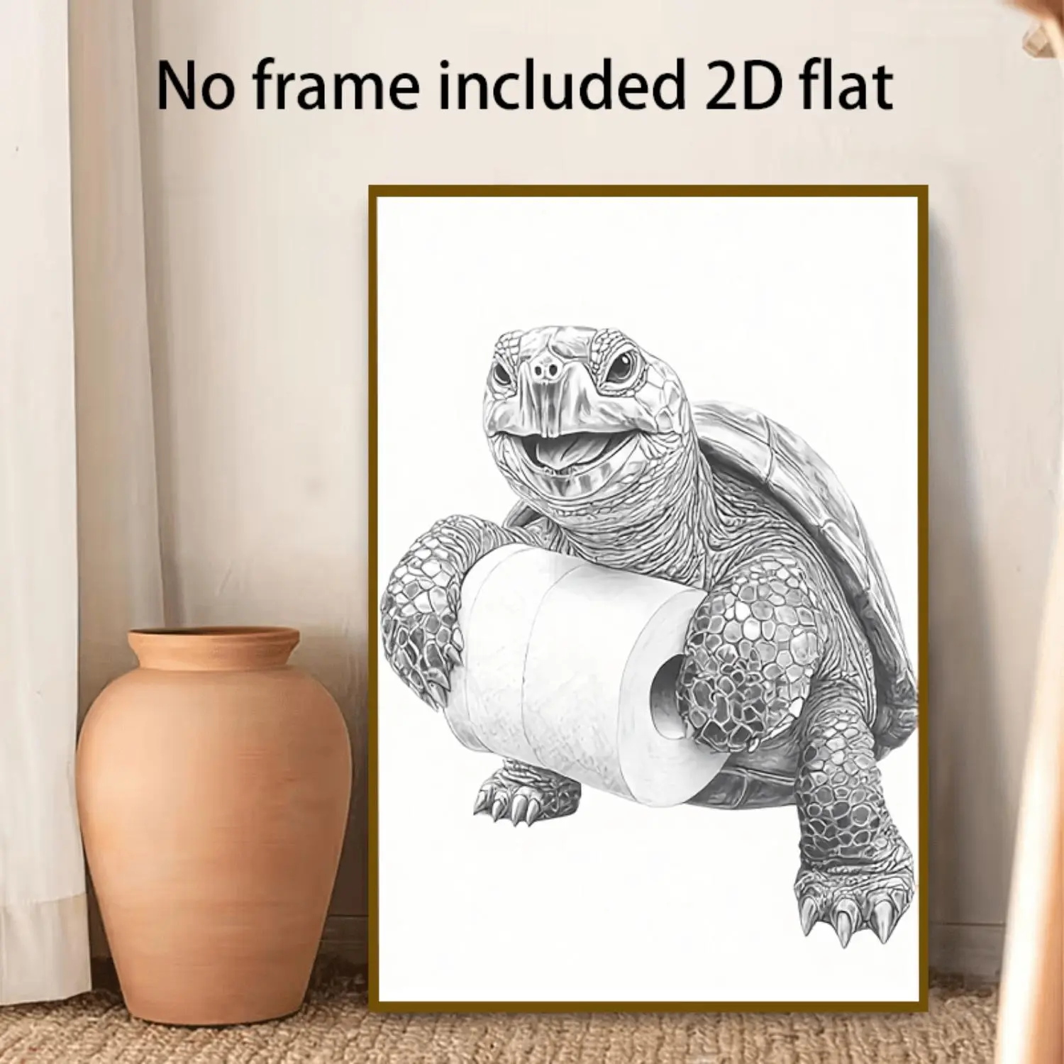 2D Flat, 1pc Vertical Frameless Canvas - Funny Turtle Holding Toilet Paper Roll Wall Suitable for Living Room, Bedroom, Decor, Modern Minimalist Bathroom Decoration, Multi-Size Indoor/Outdoor Suitable for Seasons Gift