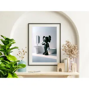 KAWS Brushing Teeth Artistic Canvas Poster, Frameless Black Figure Print, Minimalist Bathroom Wall Decoration, Hypebeast Home Photo Decor, Ideal Gift for Modern Spaces