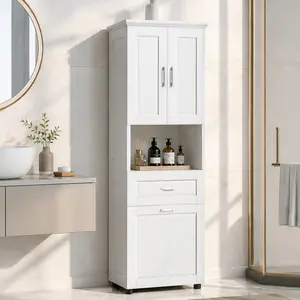ARCH Tall Bathroom Storage Cabinet with Tilt-Out Laundry Hamper, MDF Floor Cupboard with Upper Cabinet, White Finish, Waterproof Surface, Anti-Toppling Device, Removable Cloth Basket, 69.92" H, Multiple Color Options, Black/Grey/White Color Options