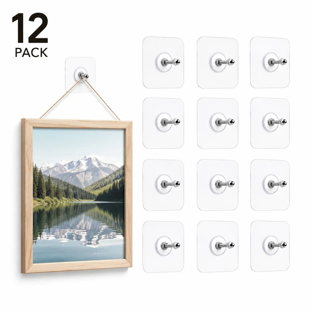12-Pack Heavy-Duty No-Nail Picture Hangers, 20 lbs Load Adhesive Sticky Hooks, Transparent Waterproof Hooks for Bathroom, Kitchen Frame Hanging (Tools & Hardware)