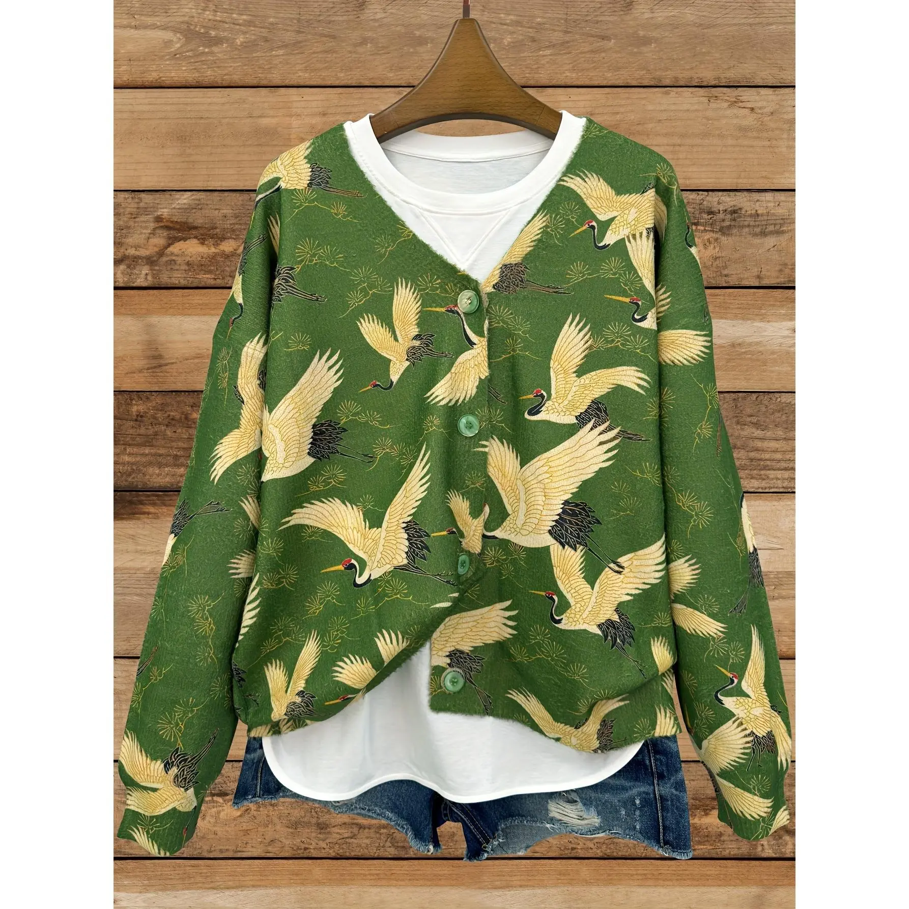 [All-Over Print] [Sweater] [Woven-Effect Print] Plus Size All-Over Print Woven-Effect Print Red-crowned Crane Pattern Knit, Casual V-neck Long Sleeve Sweater Cardigan, Women's Clothing