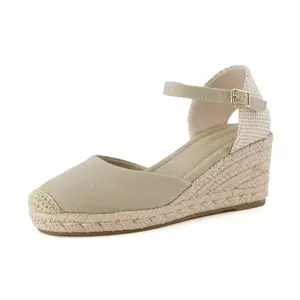 CUSHIONAIRE Elche Closed Toe Wedge Sandals for Women, Platform Espadrilles Heels With Adjustable Buckle, NATURAL 7