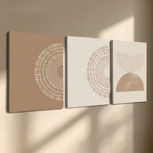 3 Pcs/Set Wooden-Framed Canvas Painting, Boho Abstract Neutral Tone Triptych Canvas Wall Art, Minimalist Sun & Half-Circle Print for Living Room, Bedroom, Office Decoration, Modern Home Decor, Fashion Artistic Ornaments, Artwork