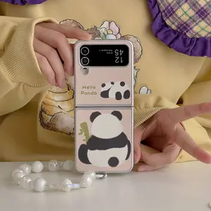 Lying Panda Leather Foldable Phone Case Casing with Iridescent Strap for Samsung Z Flip3/4/5/6/7 Cute Healing Style Niche Accessory Smartphone