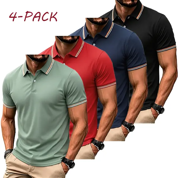 Men's 4-Pack Chic Preppy Polo Shirts, Casual Solid Color Short-Sleeve Button Tops, Breathable No-Iron Breathable Wear for Work & Year-Round Everyday Wear, Year-Round Wear, Vintage