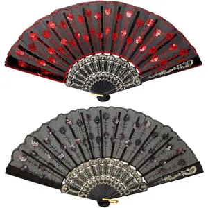 2 s of Sequin Fabric Folding Fans Embroidered Flower Lace Trim Fabric Hollowed Handheld Folding Fan for Women Gift Dancing Wedding Costume Decoration (Red, Black)(Red, Black)