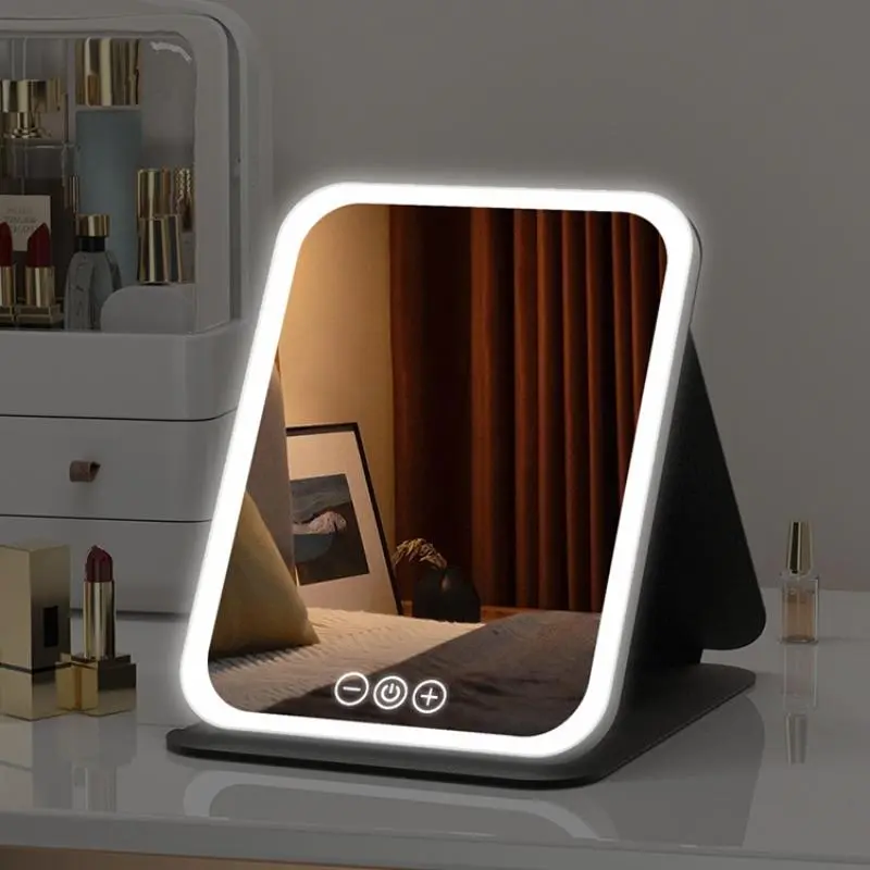 Makeup mirror with 3-color dimmable touch screen color light, portable foldable LED illuminated, Led Lit Mirror, rechargeable travel, desktop LED foldable, Rechargeable vanity mirror, birthday gift, Christmas gift, Dimmable Lighted Mirror