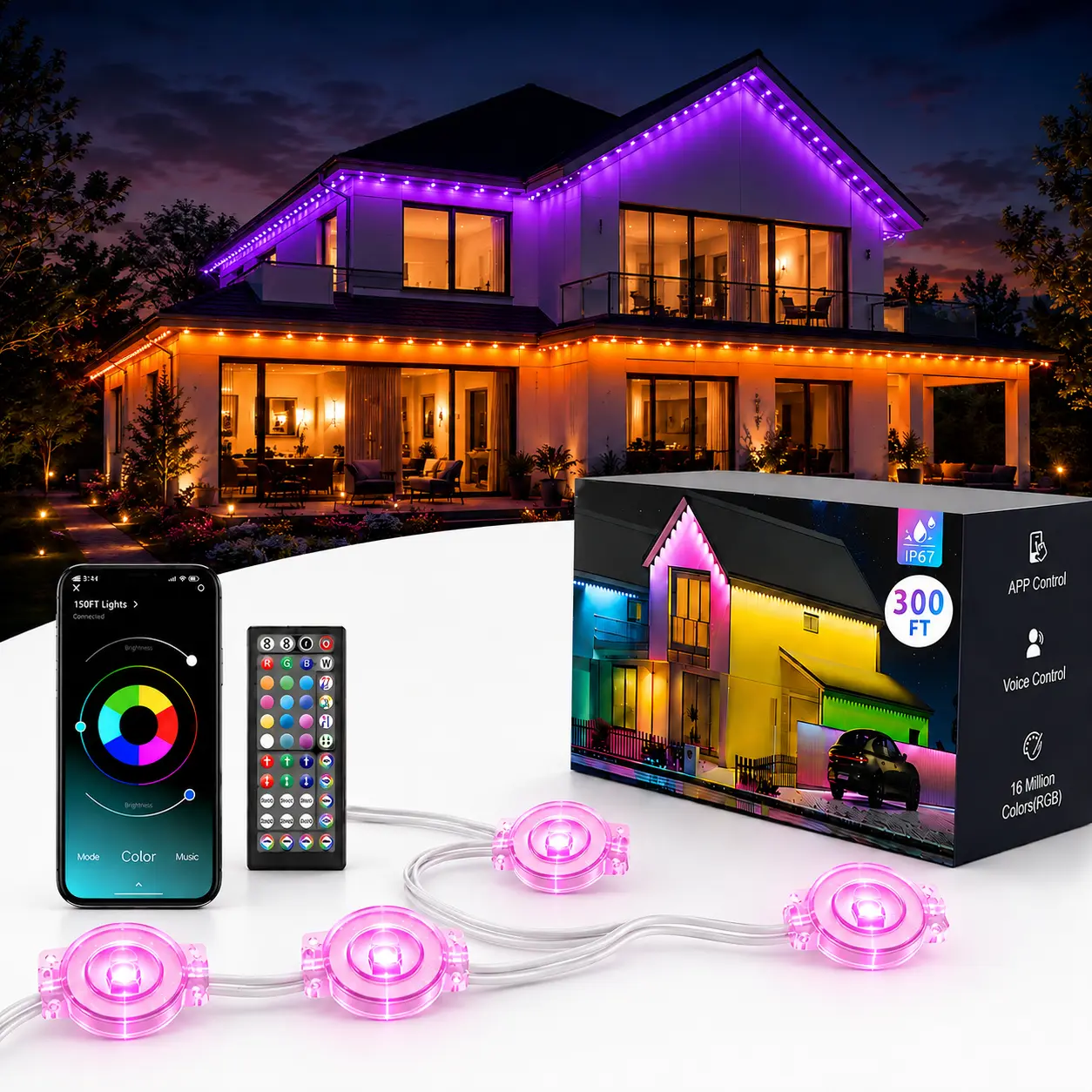 Halloween Permanent Outdoor Lights, Smart RGB Eave Lights with App & Remote Control, Music Sync LED Roofline Lights for House Exterior, Waterproof Holiday Lighting for Christmas, Family Parties, Patio & Everyday Home Decor