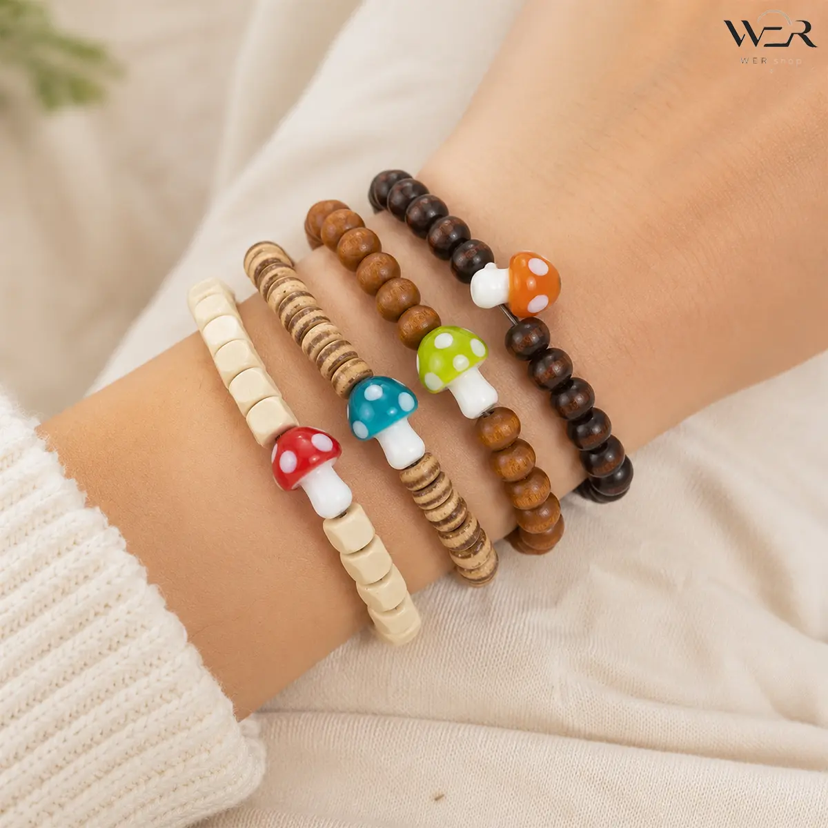 Women's Whimsical Kawaii Look Mushroom Charms Wood Bead Stretch Bracelet Set - Colorful Beadwork, Nature Theme, Casual Arm Candy Accessories, Costume Jewelry for Daily Wear & Gifting, Female, Stretch Design, Wood Beads, Cute Mushroom Charms
