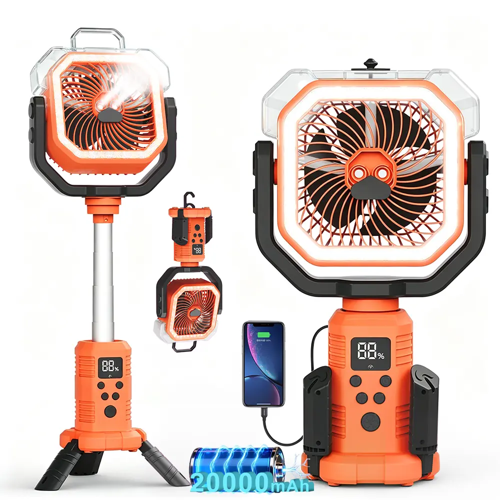 20000mAh Type-C Rechargeable Portable Cooling Mist Fan with Adjustable Stand, 400ml Water Tank, Oscillation Function, Light & Remote for Outdoor Users, Camping, Patio