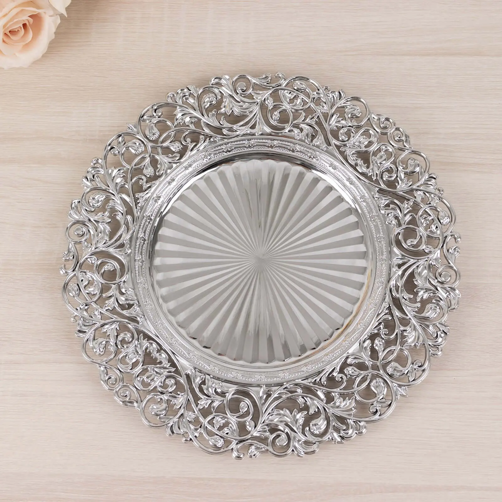 6-Pack Acrylic Charger Plates 13" Round Silver with Vintage Floral Carved Rim - Event Tabletop Decorative Charger Tableware