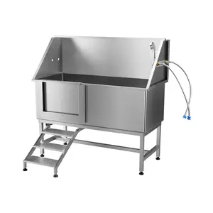 Garvee 62" Dog Washing Station with Safe Access Stairs, 201 Stainless Steel Dog Grooming Tub for Large & Senior Dogs, Left-Door Entry, Leakproof, Easy-Clean, Stable Design for Home, Garage, Utility Room