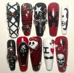 Red Black Gothic Nails, Skull Cross Coffin Nail Art Set, 3D Bow Skeleton Charm, Red Tiger Stripe Pattern, I Love Moustache Design, Y2K Punk Rock Press On Nails