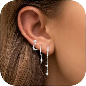 Graduation Gift 3Pairs Earrings Set for Women Silver Moon Star CZ Butterfly Green Dainty Stud Hoop Earrings for Three Holes Earrings Stack
