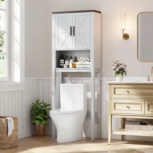 Over the Toilet Storage Cabinet with 2 Barn Doors, Toilet Paper Holder, Freestanding Bathroom Organizer Shelf with Doors and Shelves