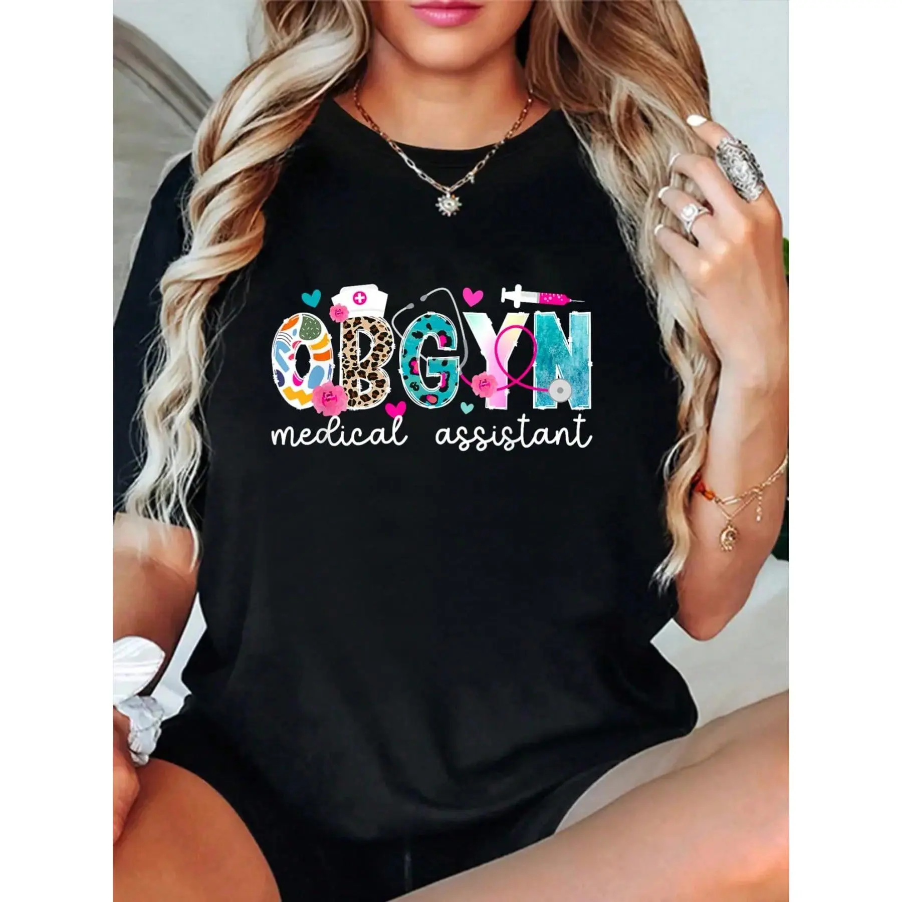 100% Cotton OBGYN Medical Assistant Leopard OB-GYN Medical Assistant T-Shirt Summer, Cotton, Casual, Short Sleeve, Graphic Tee, Soft, Breathable, Loose Fit, Streetwear, Daily Wear, T-Shirtt