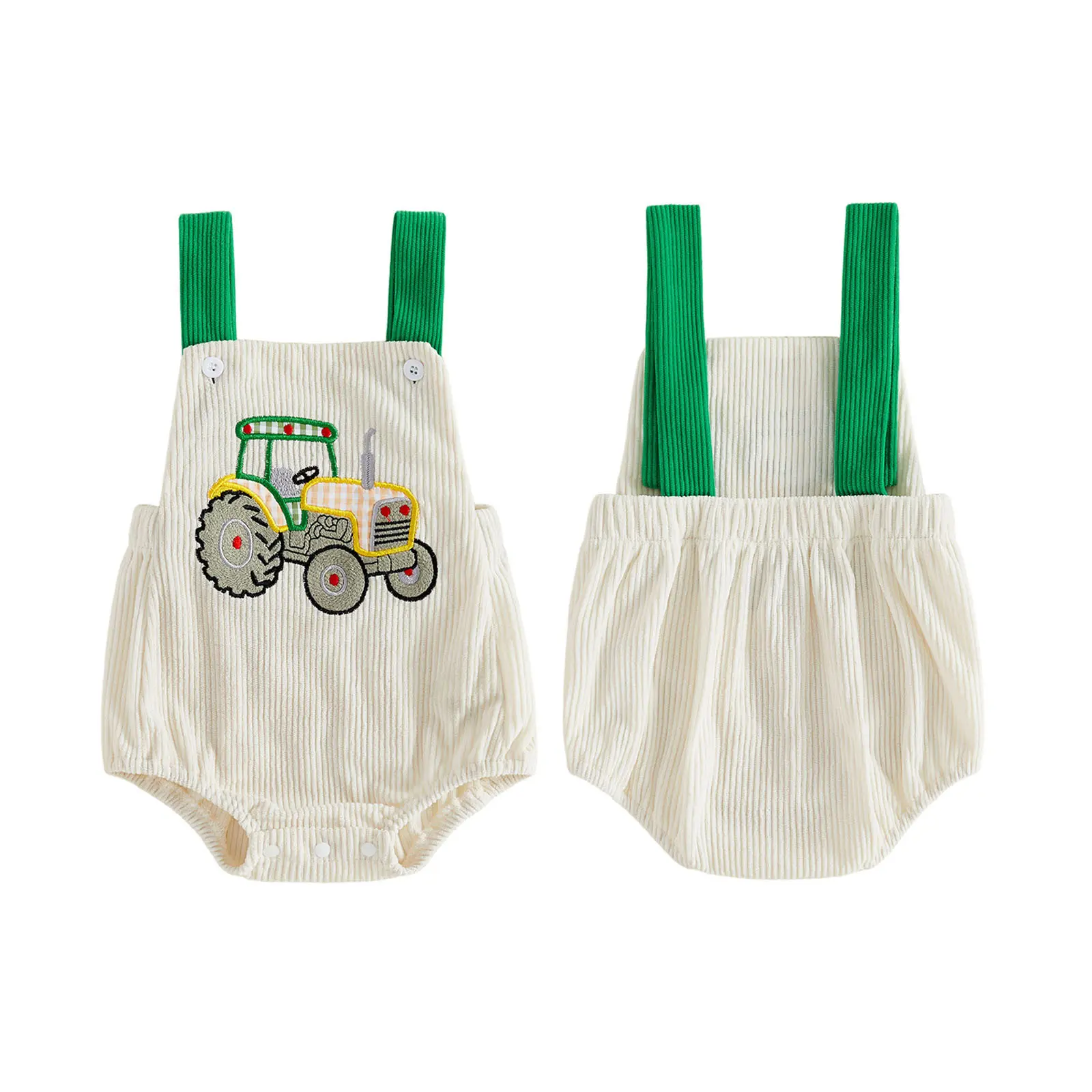 Baby Green Tractor Print Straps Overalls Soft Ribbed Romper for Infant Boys Girls Casual Summer Outfit