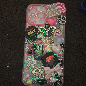 Black Educated Queen Phone Case with Glitter Butterfly Charms and Pink Heart Design for iPhone 13 Pro Max