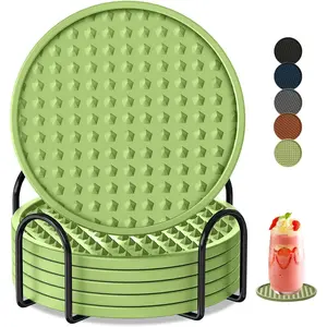 Coasters for Drinks 6 Pack Drink Coaster with Holder,Heat Resistant  Cup Mat Tabletop Protection,Non-Slip Rubber Coasters for Kinds of Cups (Green)