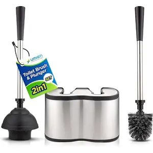 Toilet Brush and Plunger Set 18-in-Updated 2025 No-Rust-Stainless Steel Design-Long Handles-with Freestanding Canister