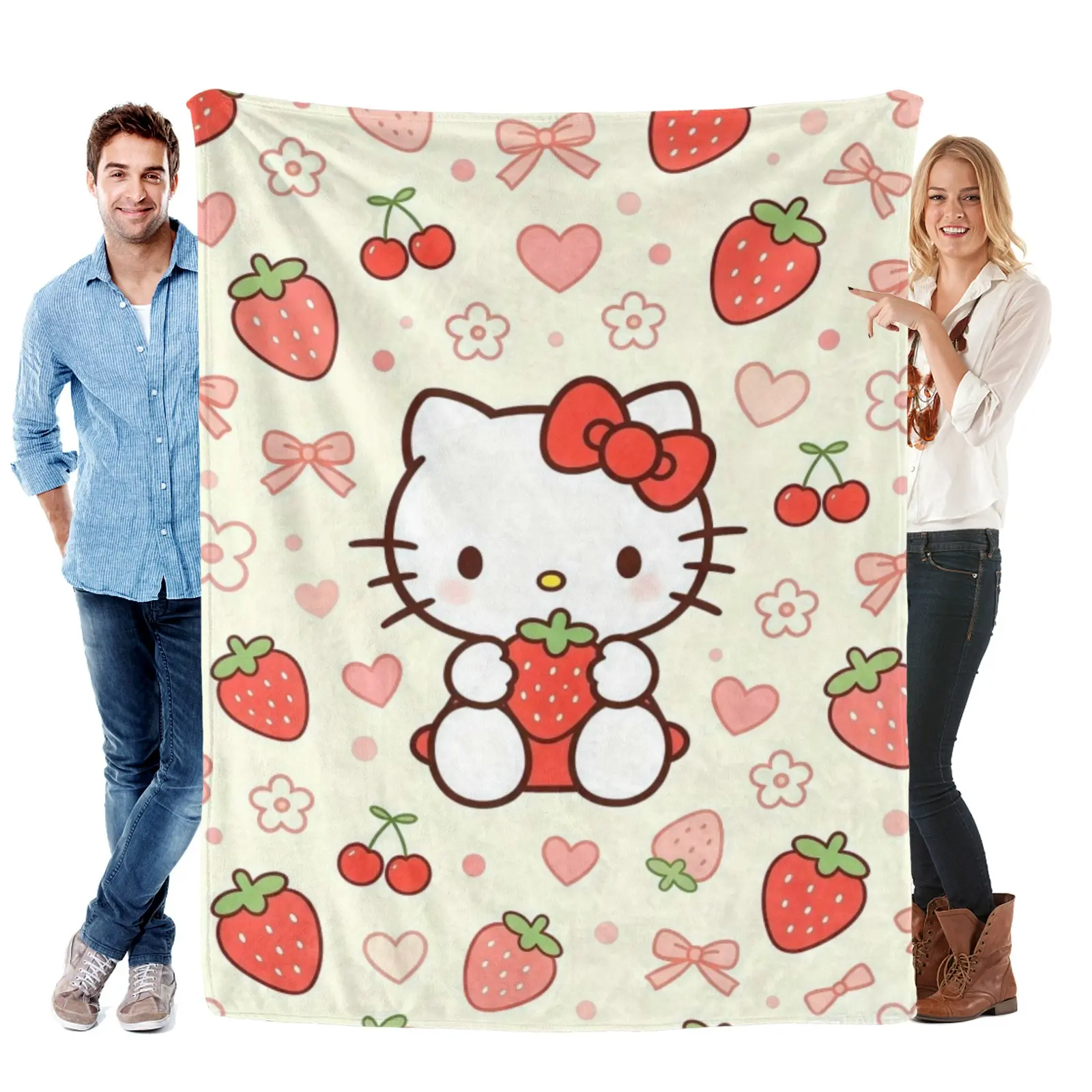 Sanrio Strawberry Cherry Hello Kitty Blanket, Soft Fleece Throw Blanket,Kawaii Hello Kitty Throw Blanket,Hello Kitty Aesthetic Blanket For Bedroom