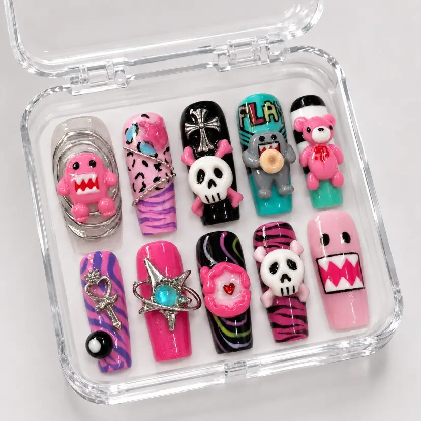 Sidosona Handmade 3D Y2K Gamer Press On Nails, Pink Monster Skull Bear Digital Pet Nail Art, Long Square Fake Nails, Zebra Swirl Star Charms, Retro Kawaii Punk Reusable Nail Set for Women