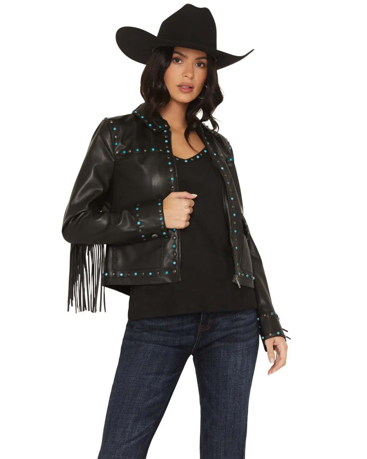 Idyllwind Women's Women'S Nance Studded Fringe Faux Leather Jacket - Iwfa25o26-Blk