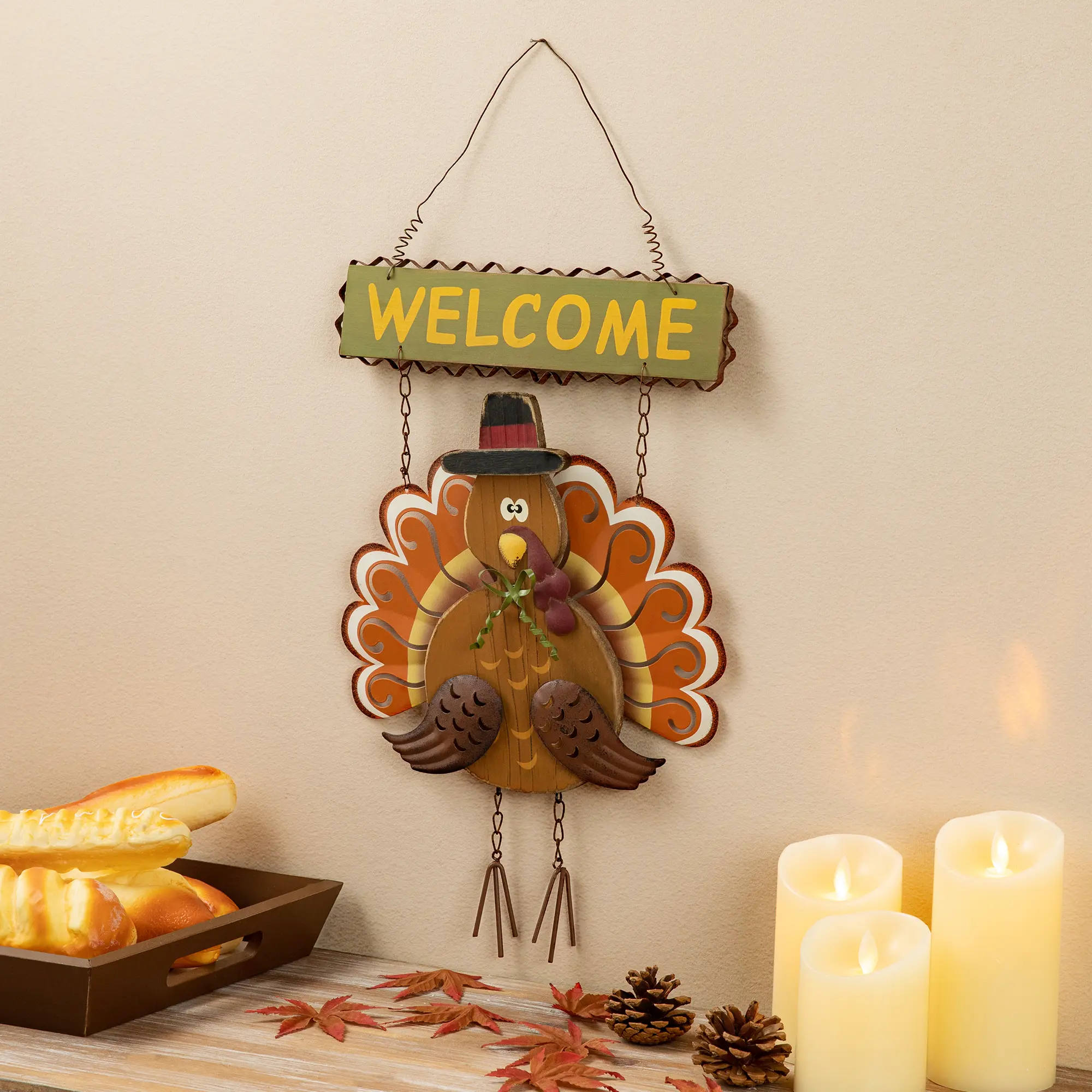 Glitzhome 18"H Iron-Wooden Turkey Welcome Hand Ornaments, Hangable Festive Home Decor for Thanksgiving Occasions, Decoration, Give Thanks