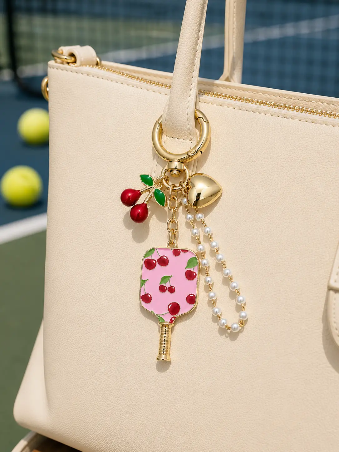 Cherry Pickleball Paddle Fruit Bag Charm Keychain