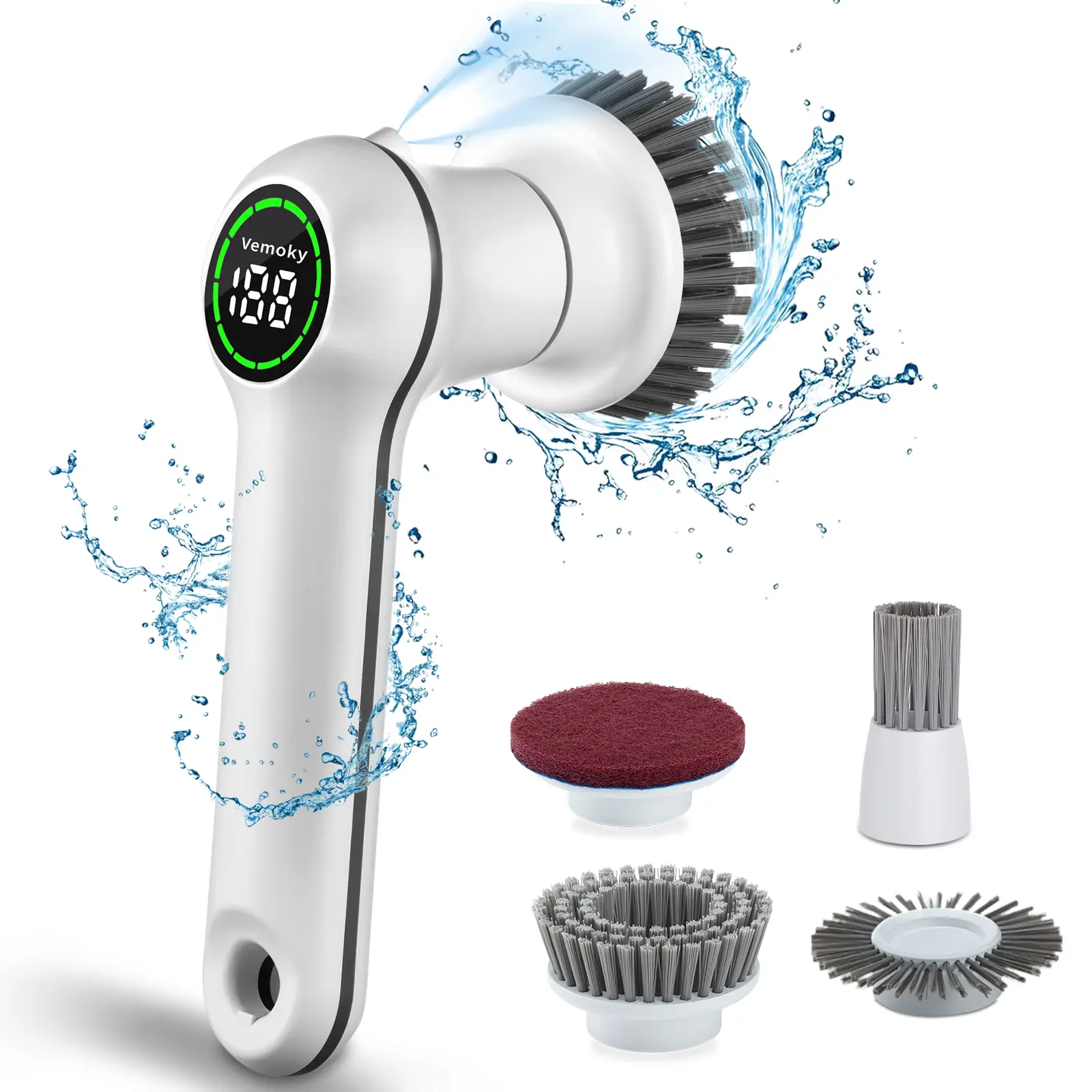 Vemoky Electric Spin Scrubber: Rechargeable Cleaning Brush with 2 Speeds, 4 Replaceable Heads for Kitchen, Bathroom, Bathtub, Tile, and Floor.