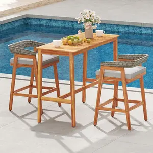 Acacia Wood Counter Height Table, Large-Format Multi-Person Plastic-Free End Table, with Slatted Tabletop and Footrest Crossbar, Large-Format End Tables, Multi-Person End Tables