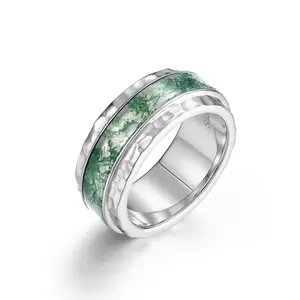 Natural Green Gemstone Ring 100% 925 Sterling Silver Wedding Ring Moss Agate Wedding Bands For Womon Or Men
