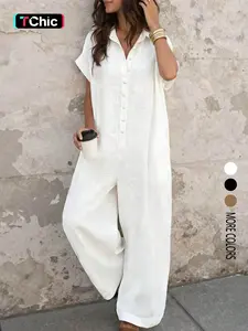 Women's Linen Collared Short Sleeve Button Front Romper, Casual Loose Wide Leg Design, Perfect for Daily Commute, Comfortable and Stylish