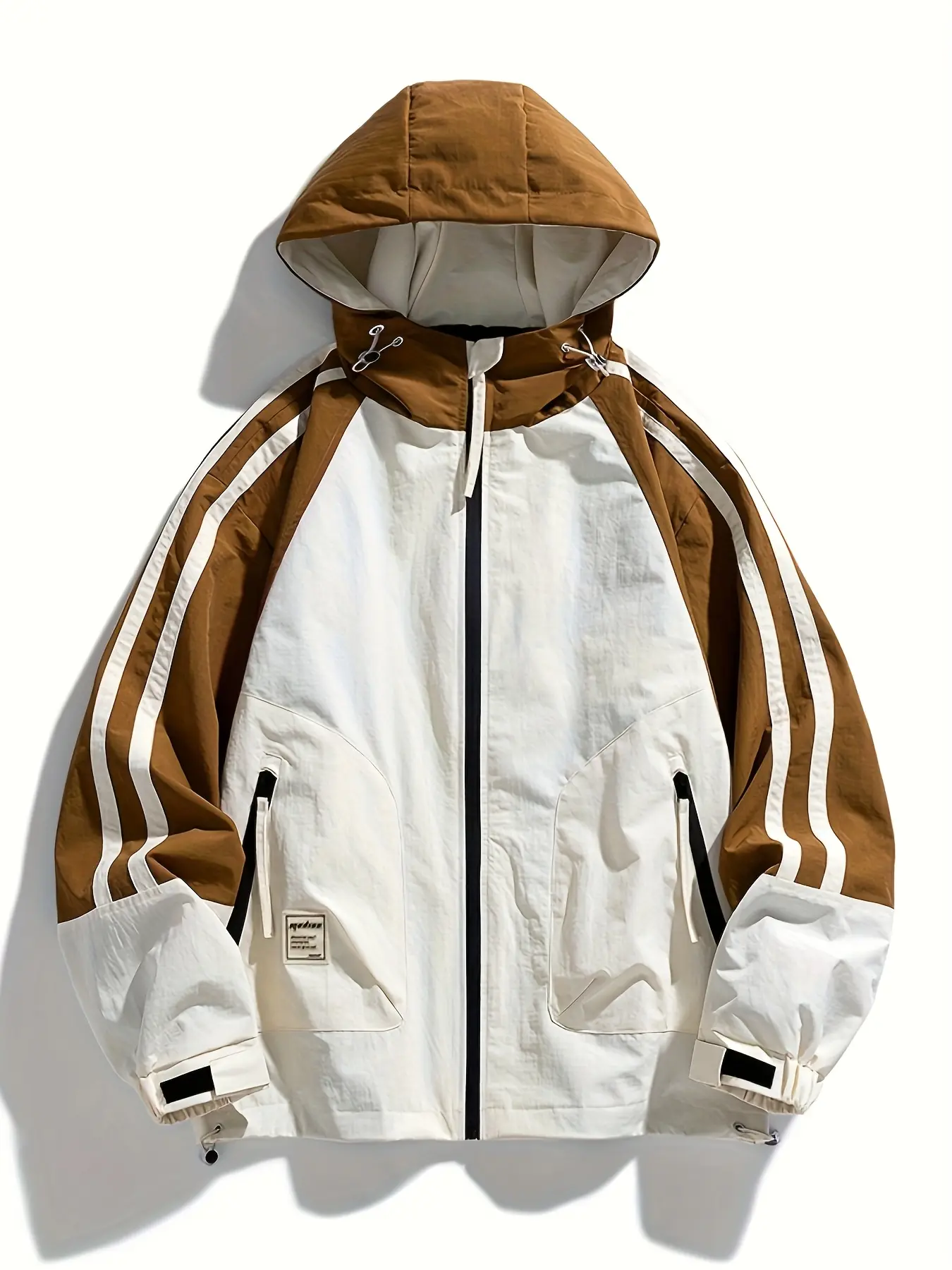 Men's color-blocking design casual hooded jacket, loose zipper front and side pockets - polyester spring and autumn street style coat, durable zipper sweatshirt