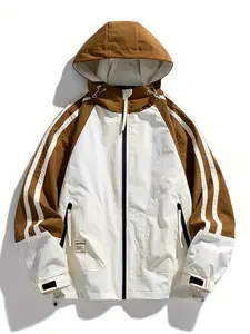 Men's color-blocking design casual hooded jacket, loose zipper front and side pockets - polyester spring and autumn street style coat, durable zipper sweatshirt