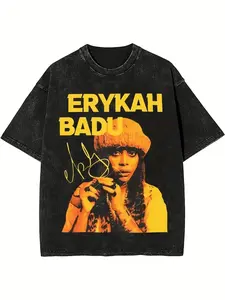 Wash With Water To Do The Old Craft! Erykah Badu Character Printed T-Shirt, Retro Soul Singer Element, Full Of Street .
