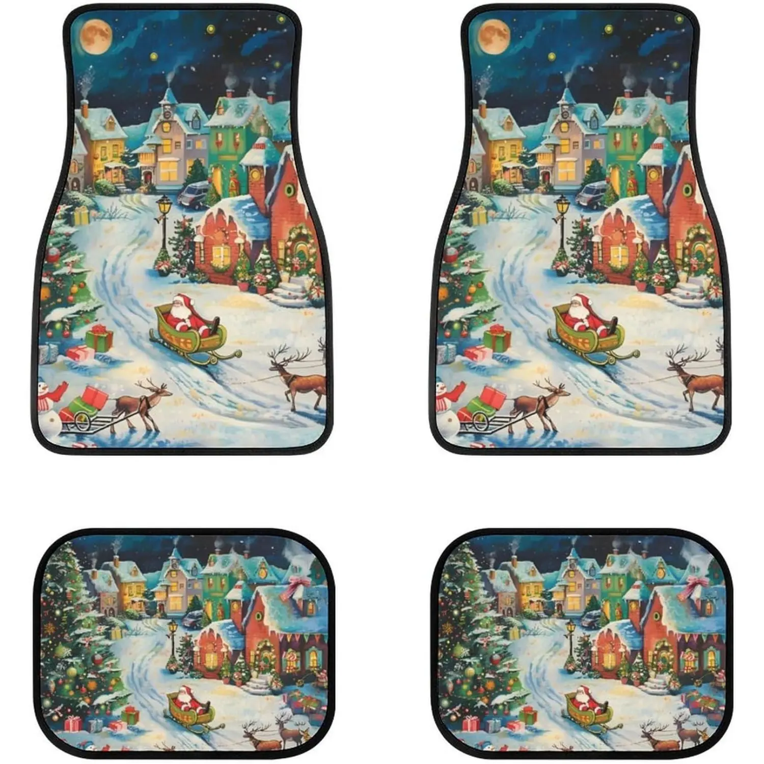 Christmas Snowscape Town Car Floor Mat 4-piece Set Santa Claus Sled Retro Windmill Floor Mat, Auto Foot Mats All Weather Universal Fit Car Decor Accessories Fit for SUV, Vans, Sedans, Trucks ﻿
