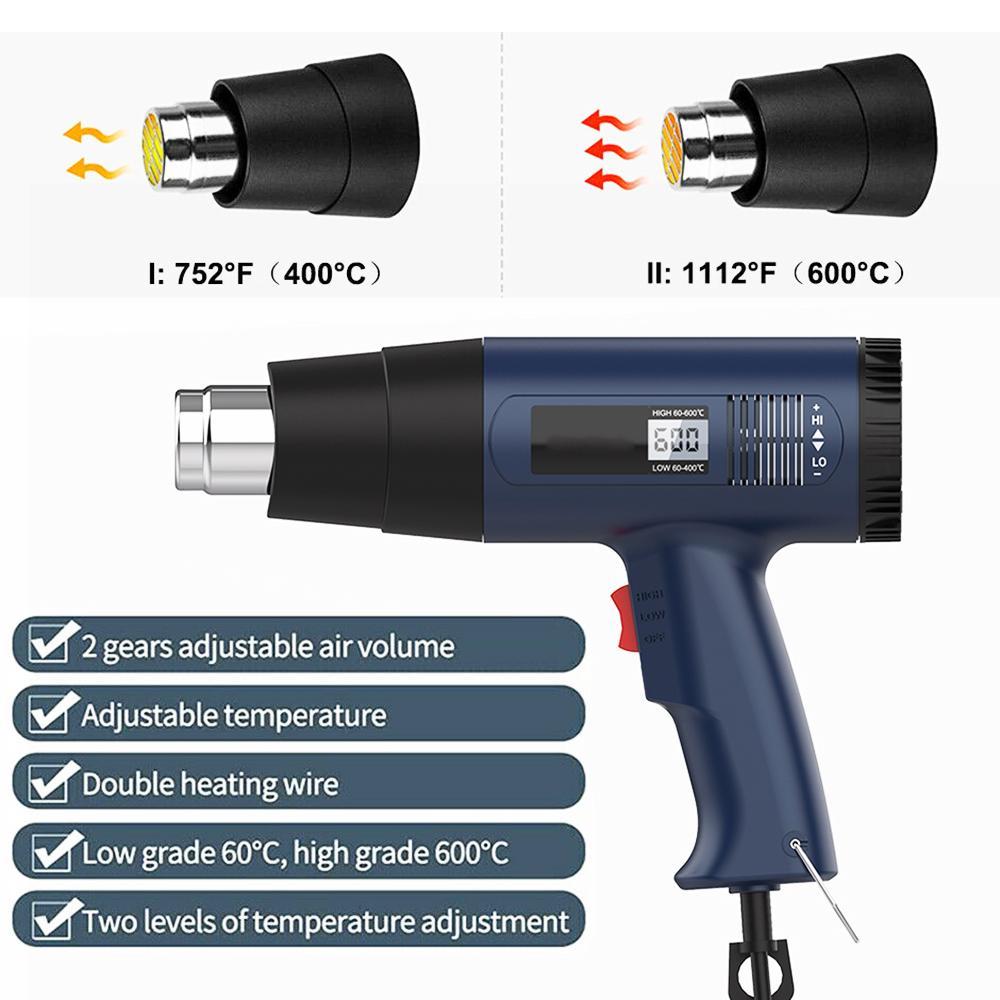 Heat Gun, 2500W Heavy Duty Hot Air Gun Kit Dual-temperature Setting 140℉-1112°F(60°C~600°C) , Hot Heat Gun with Overheat Protection, 4 Nozzles Included, for Shrinking PVC, Stripping Paint, Crafts