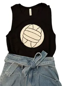 Chenille Patch Volleyball Tank - Black Cotton Top with Graphic Design, Oversized Fit, Comfortable Fit for Women