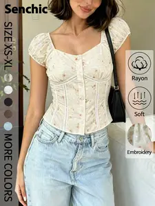European and American Fashion Embroidered Print Bubble Sleeve Blouse, Waist Cinch Tie Short Shirt, Casual Slim-Fitting Top Embroidery, Casual Floral Print