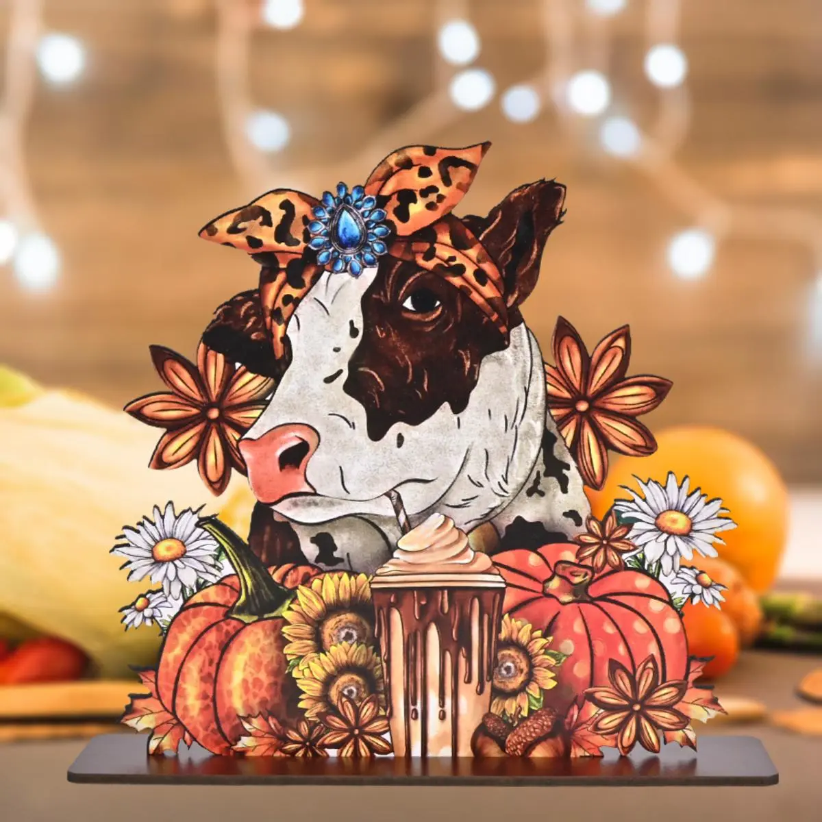 Cow & Pumpkin Pattern Wooden Ornament, 1 Count Harvest Festival Decor, Rustic Decor for Kitchen and Living Room, Thanksgiving Gift for Family Gatherings, Signs, Halloween