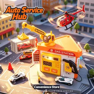 Kids Auto Service Hub Playset - Gas Station, Crane, Repair Shop & Convenience Store with Music, Sound Effects, Toy Cars, Helicopter - Educational Pretend Play Gift for Boys & Girls Age 3+
