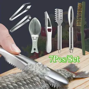 7Pcs Stainless Steel Fish Scale Remover Tool Kit Easy To Use Fish Skin Graters Fish Tweezers Fish Descaler Tool Fish Scraper Scaler with Sawtooth Kitchen Gadget for Seafood Prep summervibes