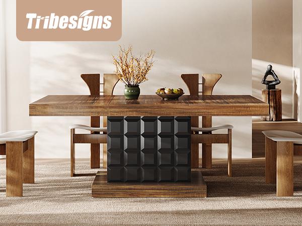 Tribesigns 63'' Modern Rectangular Dining Table for 4-6 with Geometric Relief, Wooden Dinner Table for Dining Room and Kitchen Home Decor Interior