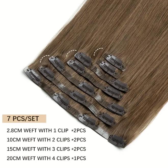 7Pcs Seamless Clip-In Straight Brazilian Remy Human Hair Extensions No Glue PU Clips 12-24 Inch 110-120g Natural Black Brown Blonde Adds Volume Length Quick Transformation Versatile Styling
