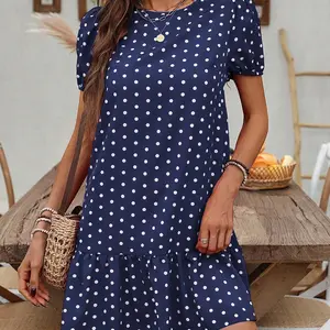 Polka Dot Bubble Sleeve Dress With Ruffled Hem Casual Mini Dress