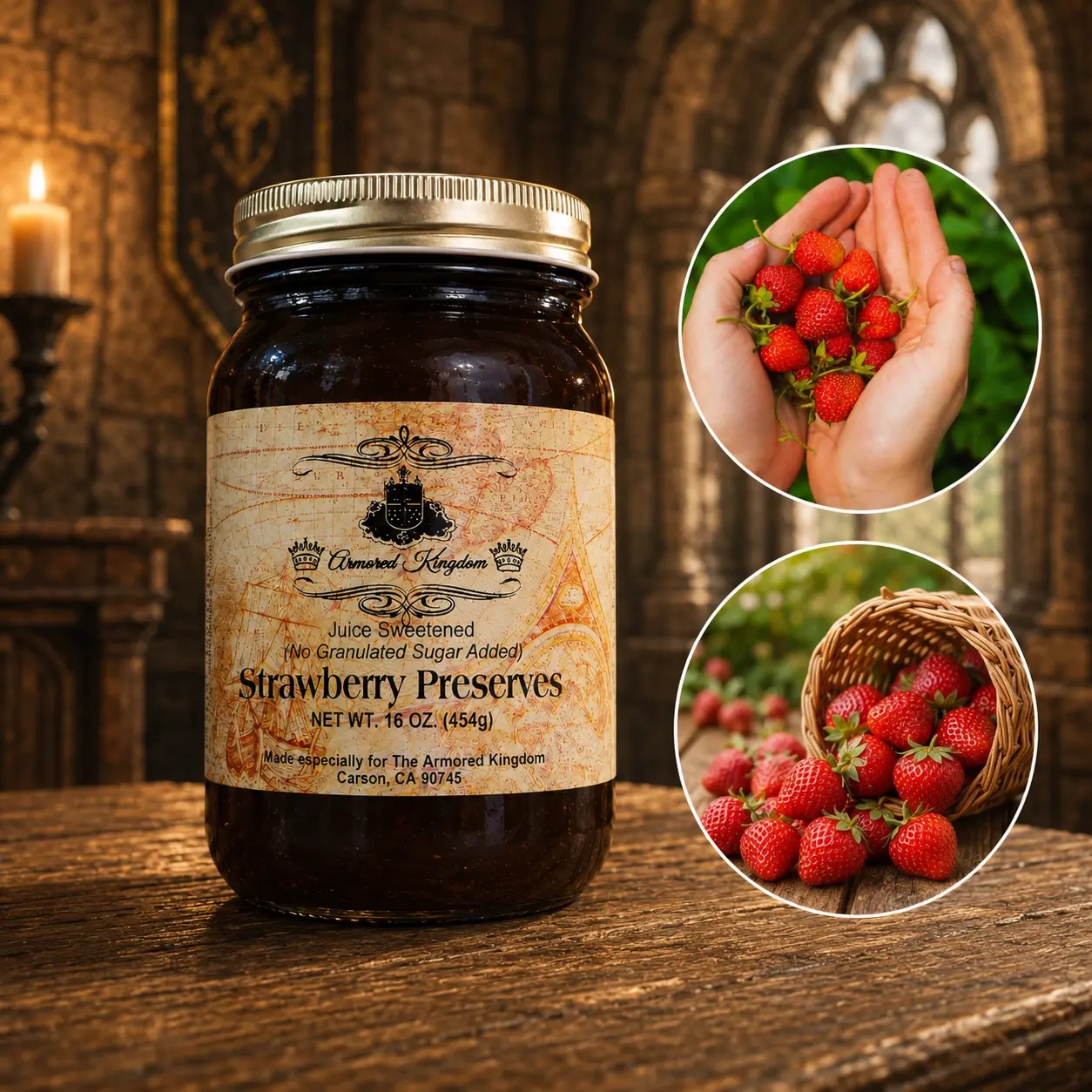 The Armored Kingdom Handcrafted Gluten-Free Strawberry Jam Preserves, 16oz Rich-Flavor Summer Spread, Pantry Essential for Toasts, Pancakes, Suitable for All Ages