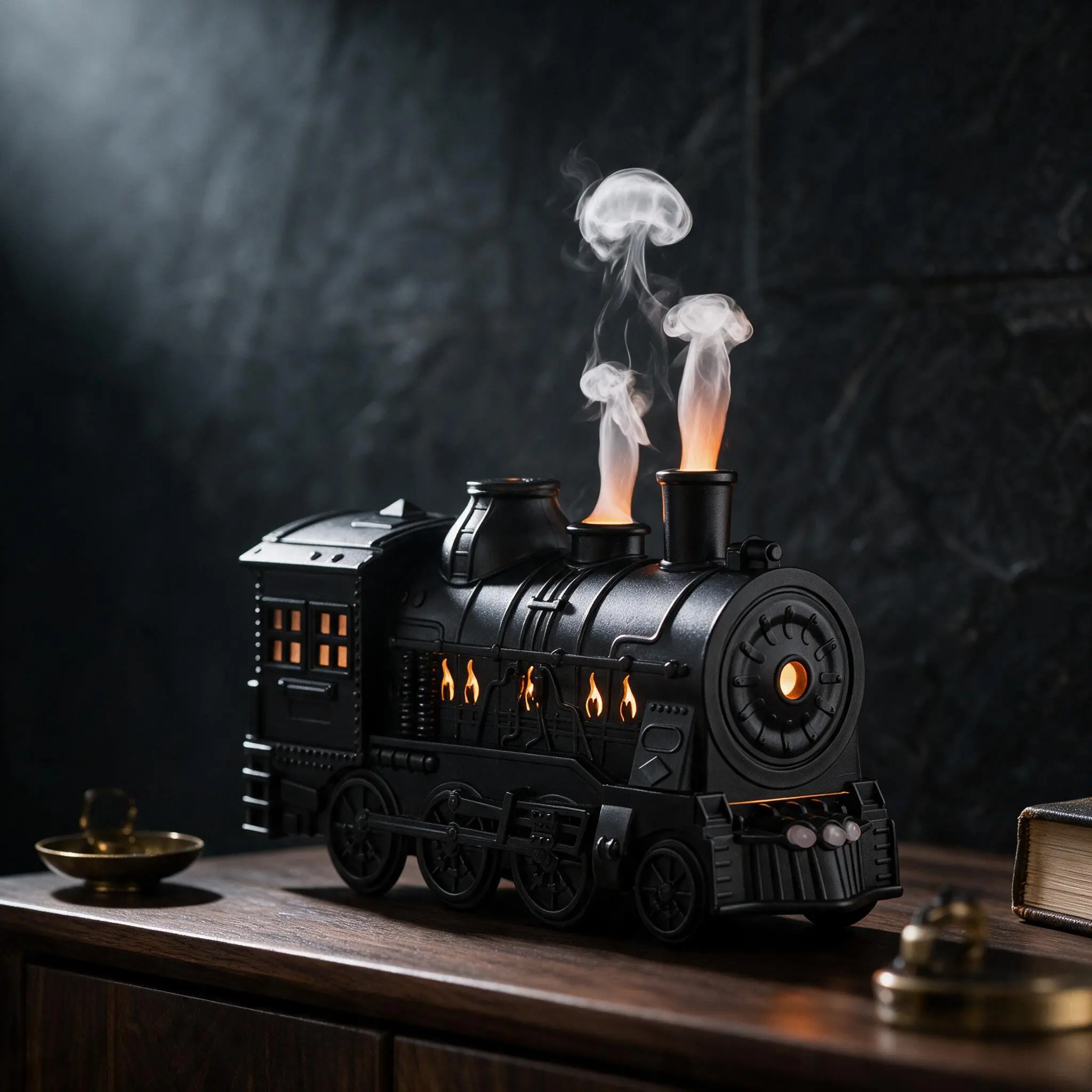 Vintage Train Essential Oil Diffuser, 300ml Aromatherapy Diffuser with Jellyfish Mist Rings, Flame-Effect Light & Remote Control for Home and Office