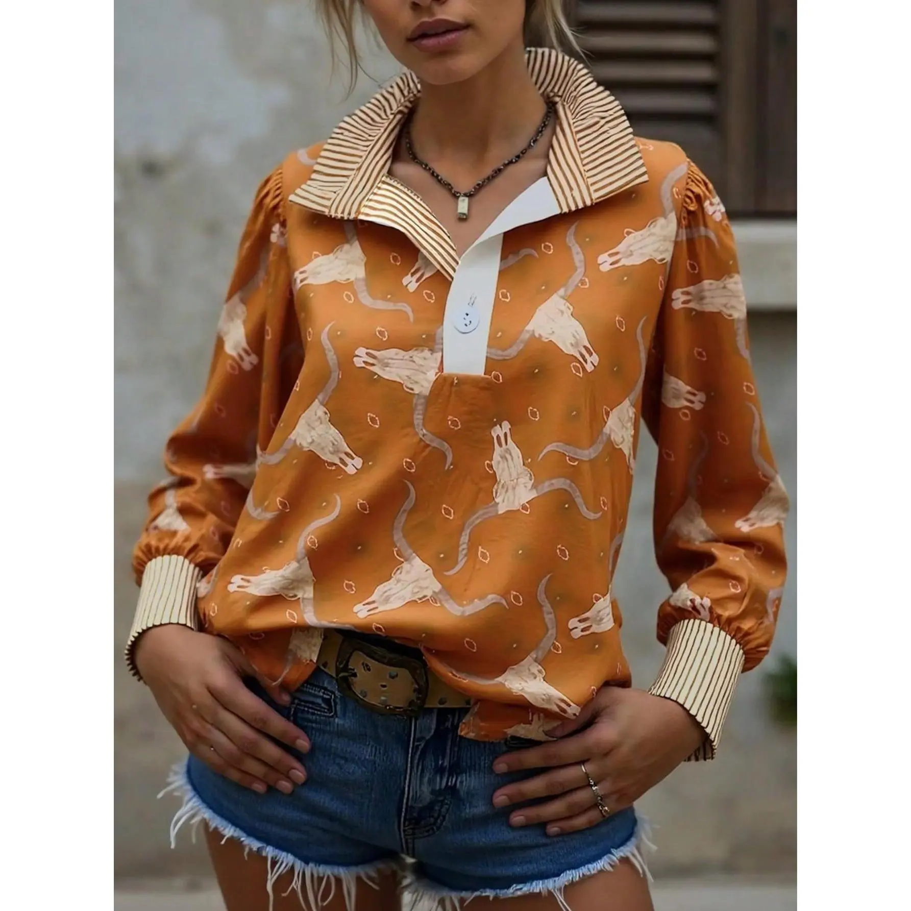 Women's Western Cowgirl Blouse, Long Sleeve Cowboy Print Top, Lightweight Spring Outfit for Easter & Brunch Looks, Shirts