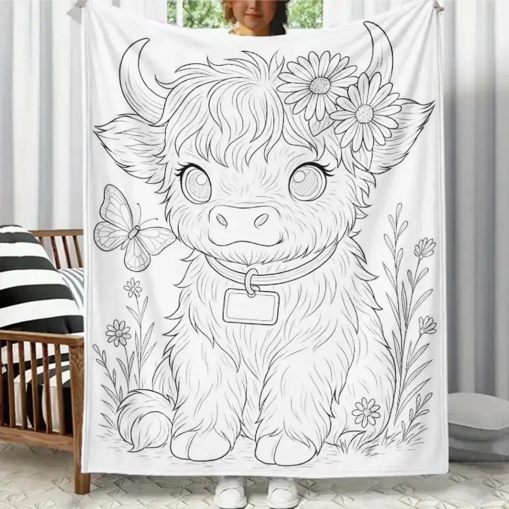 Highland Cow Themed DIY Coloring Blanket (No Markers Included) Color-Fillable Flannel Blanket A Perfect Gift for Children Fleece Throw with Custom-Dyed Fabric Soft Cozy Bedroom Decor Blankets Birthday Gifts Suitable for Friends, Family, and Partners,summe